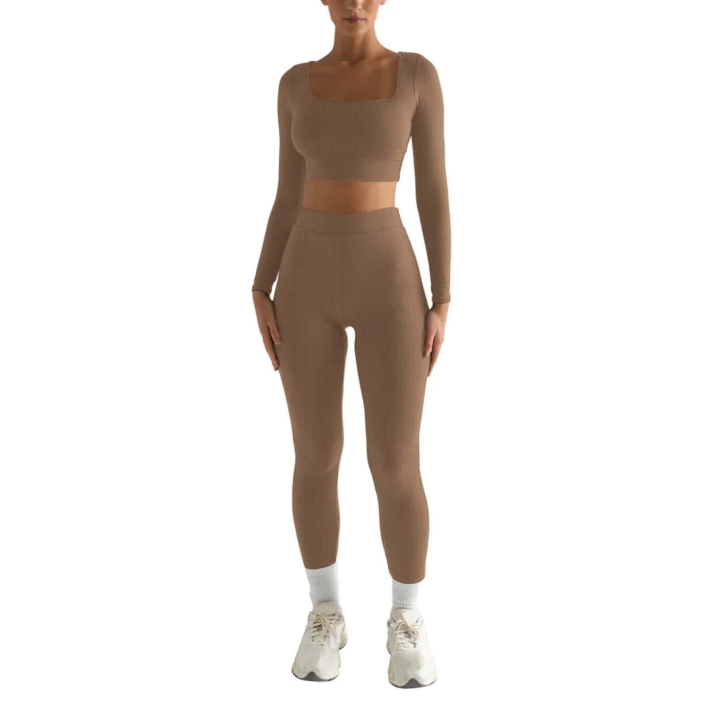2Pc Yoga Sets for Women Women'S Fashion Casual Solid Color Long Sleeve Square Collar Two Piece Slim Yoga Sports Pants Suit Yoga Sets Yoga Package