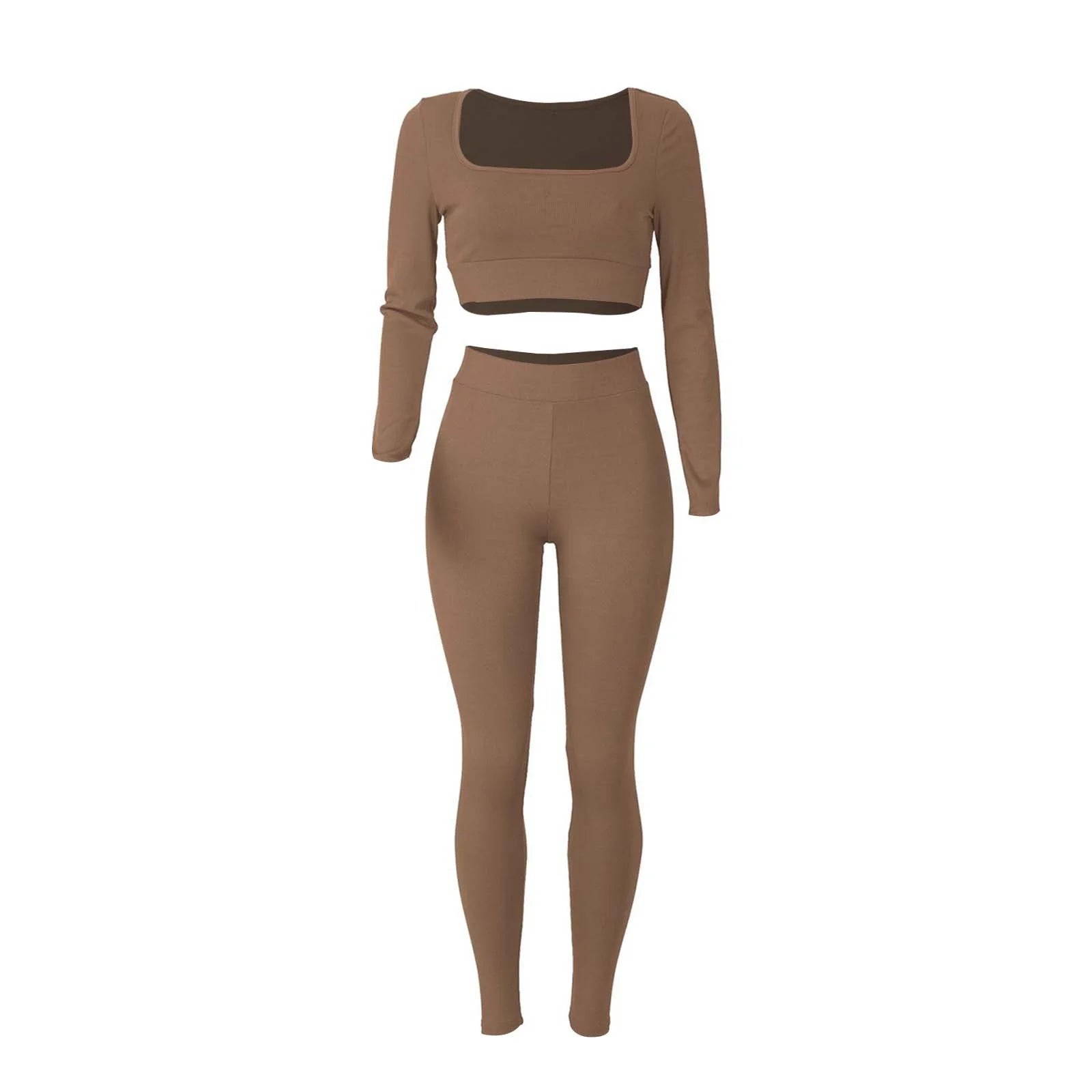2Pc Yoga Sets for Women Women'S Fashion Casual Solid Color Long Sleeve Square Collar Two Piece Slim Yoga Sports Pants Suit Yoga Sets Yoga Package