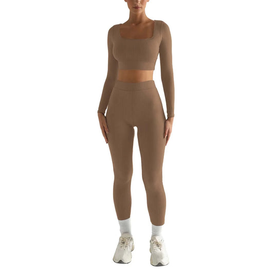 2Pc Yoga Sets for Women Women'S Fashion Casual Solid Color Long Sleeve Square Collar Two Piece Slim Yoga Sports Pants Suit Yoga Sets Yoga Package
